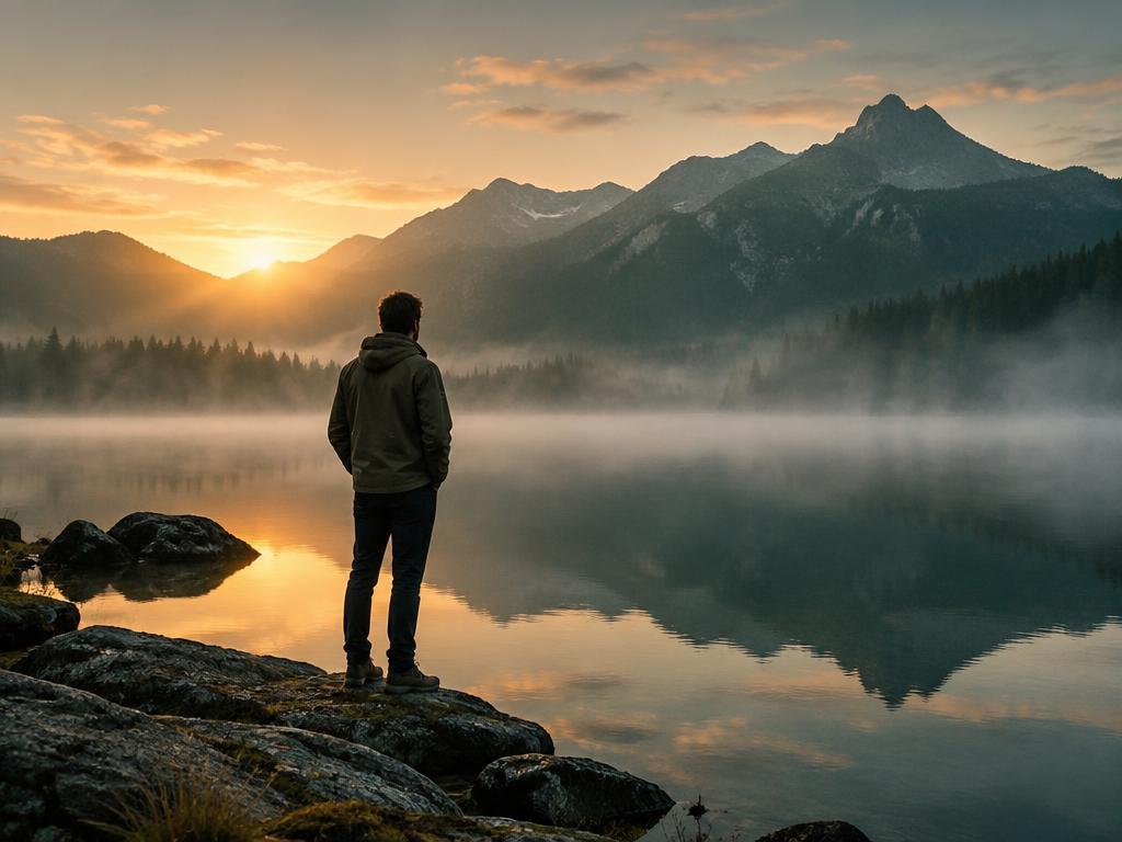 Person facing a calm lake at dawn, symbolizing self-knowledge and inner strength