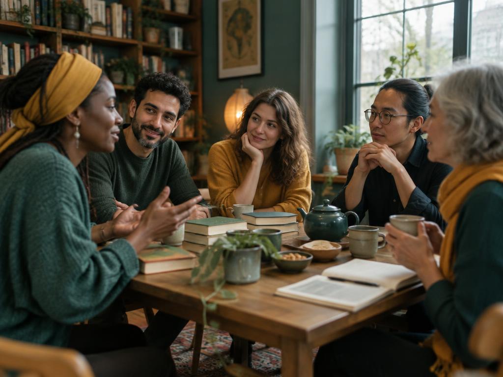 Group of people in conversation around a wooden table, symbolizing community and dialogue
