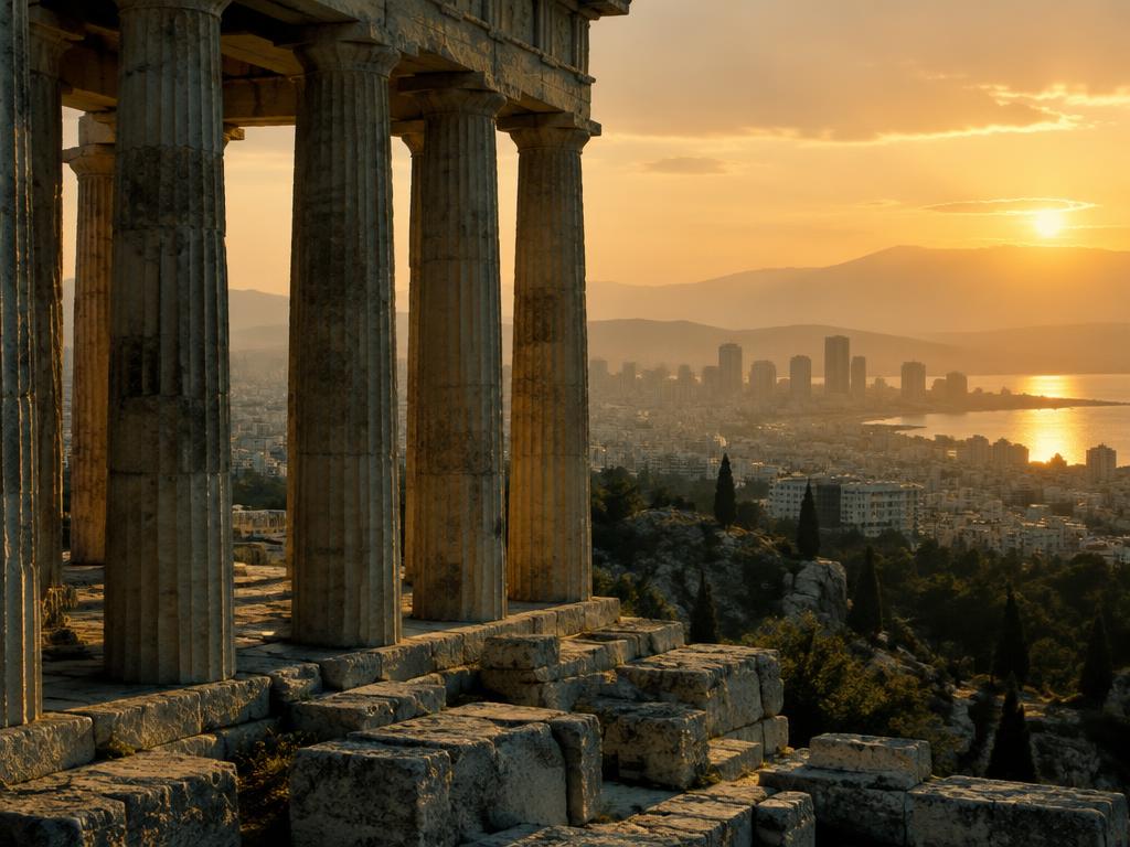 Ancient stone columns overlooking a modern city at sunset, symbolizing history and the future