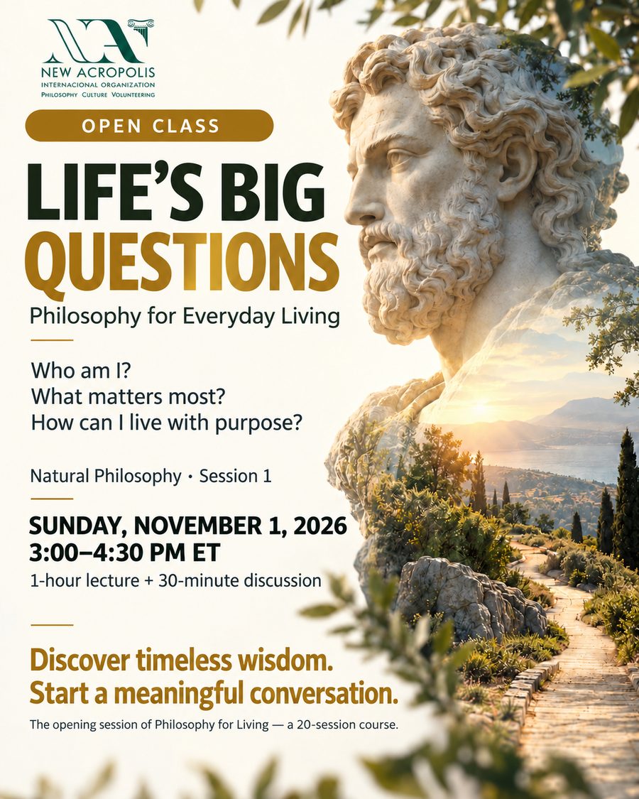 Open class poster: Life's Big Questions — Philosophy for Everyday Living, Sunday November 1, 2026, 3:00–4:30 p.m. Eastern Time